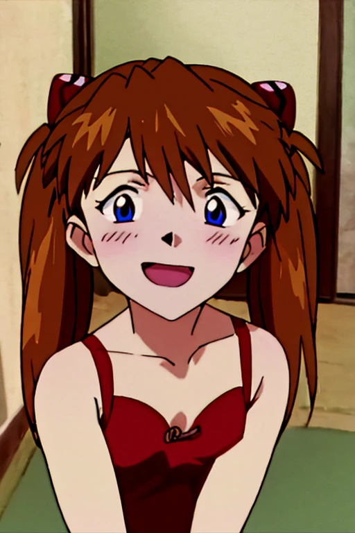 (( top quality)), ((masterpiece)), (be familiar with),  perfect face, indoor, bedroom,  viewer,
One woman,  Soryu Asuka Langley,
 open mouth,  ecstatic expression with hands in front of body, blush, smile,
 small tits,  flat chested, Young girl, Lori,  s,  girl,
 long hair,  twin tails,
Leg spread,