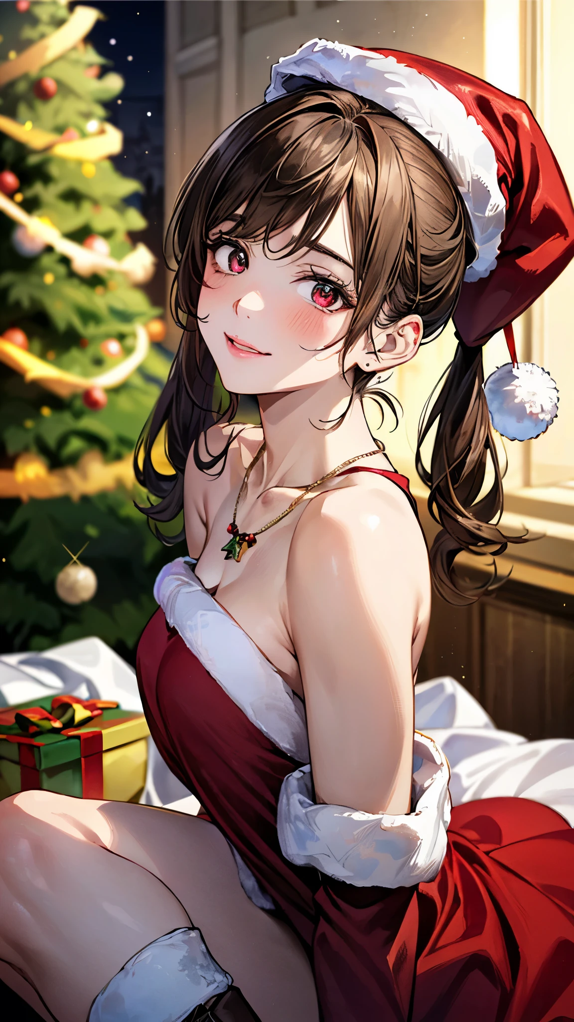 1womanl、1male people、Brown hair、Brown eyes、Best Quality、ultra-detailliert、8 Resolution、Raw photo、masutepiece、Perfect body、high-level image quality、top-quality、Detailed drawing、Vibrant colors、18year old、cute little、up of face、Christmas、Girl dressed as Santa Claus、seductive boobs、Male and female couples、girl sitting on a boy's lap。Girl straddling a boy。Mash Cut Boys。Boy's provocative gaze、The girl has a shy look、 Blushing,embracing each other、lovey-dovey、Flirting、Kiss between man and woman、