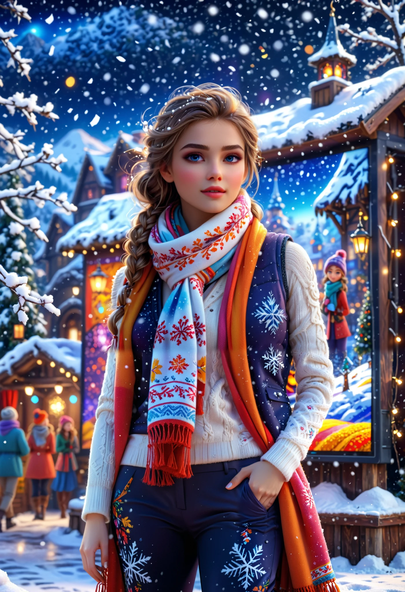  New Year's Tale ,  Beautiful Girl , in a Scarf , vest, Beautiful trousers, Scene, It&#39;s snowing,  Big monitor on stage,  cartoon ,  Best quality ,  maximum quality , 8 k,  Complex details , bright colors,  snow , Cool,  