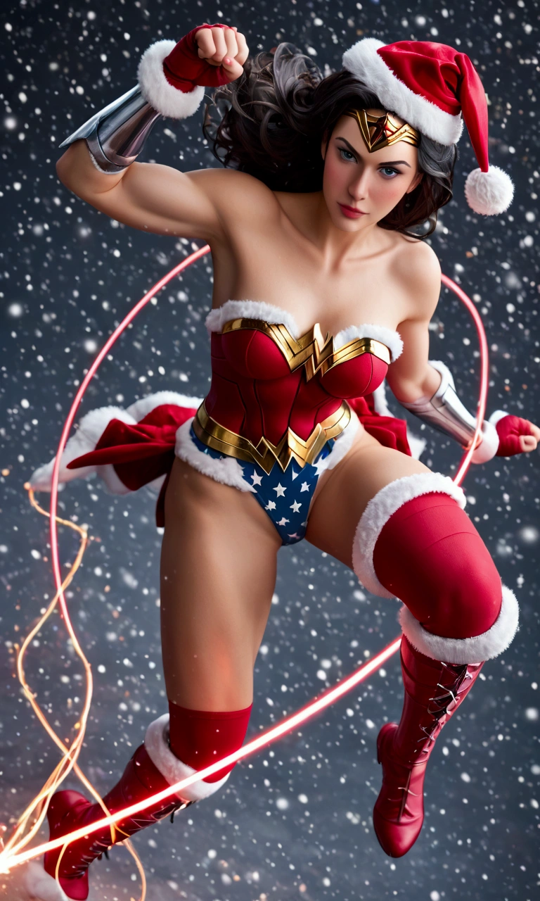 snwangl2023, 1girl,wonder woman, black hair, santa hat, lying in snow, 8k, uhd, best quality, trending on arstation, photorealistic, masterpiece, raw image, skin pores, detailed skin, award winning photo, full body, making snow angels, perspective, toned body, large breasts, festive, beautiful girl. pinup \(style\), green scarf
