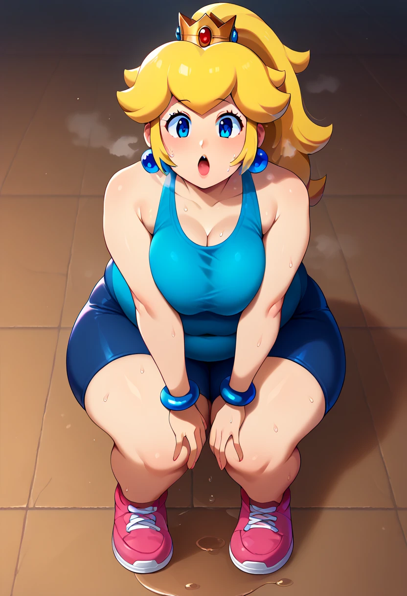 score_9, score_8_up, score_7_up, BREAK, 1girl, solo, princess peach, 1girl, solo, , blonde hair, ponytail, jewelry, bracelet, makeup, casual, cowboy shot, blue eyes, looking at the viewer, large breasts, hands on knees, blue tanktop, sweaty, dark blue shorts, sweating profusely, open mouth, exhausted, heavy breathing, big puddle of sweat on the ground, steam coming out her mouth, gym, indoors, she wears pink shoes, thick, obese, soft belly, chubby, wide hips, sexy hips, full body, big belly, thicc thighs, tounge sticking out, chubby arms, chubby legs (ultra hd quality details)