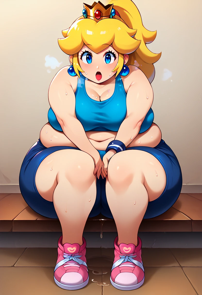 score_9, score_8_up, score_7_up, BREAK, 1girl, solo, princess peach, 1girl, solo, , blonde hair, ponytail, jewelry, bracelet, makeup, casual, cowboy shot, blue eyes, looking at the viewer, large breasts, hands on knees, blue tanktop, sweaty, dark blue shorts, sweating profusely, open mouth, exhausted, heavy breathing, big puddle of sweat on the ground, steam coming out her mouth, gym, indoors, she wears pink shoes, thick, obese, soft belly, chubby, wide hips, sexy hips, full body, big belly, thicc thighs, tounge sticking out, chubby arms, chubby legs (ultra hd quality details)