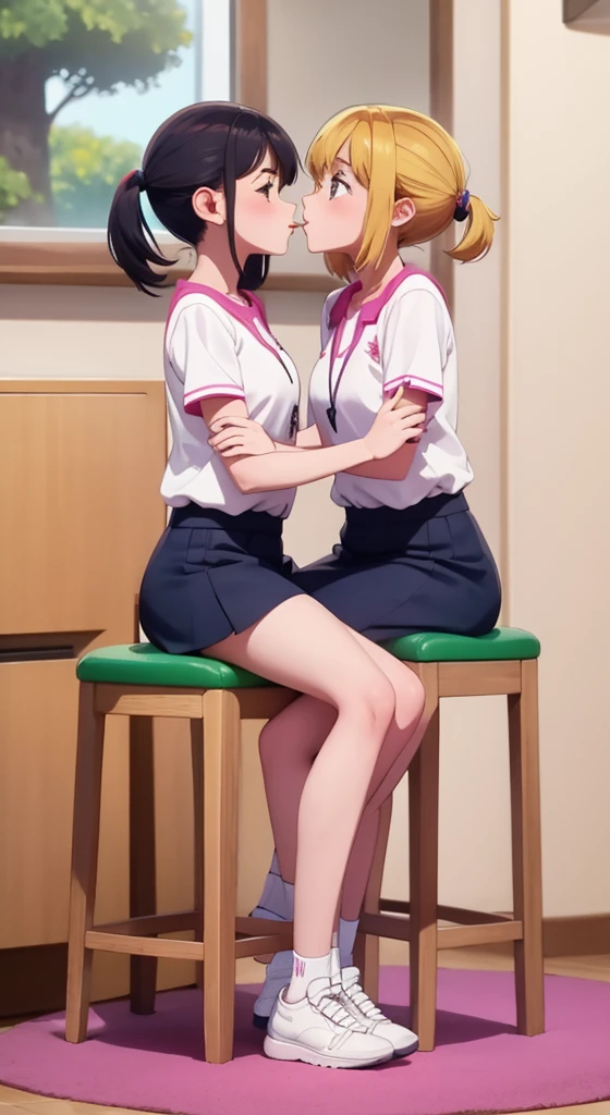 2 girls with mini skirt sitting on stools with their skirts showing their panties wearing all white tennis outfits