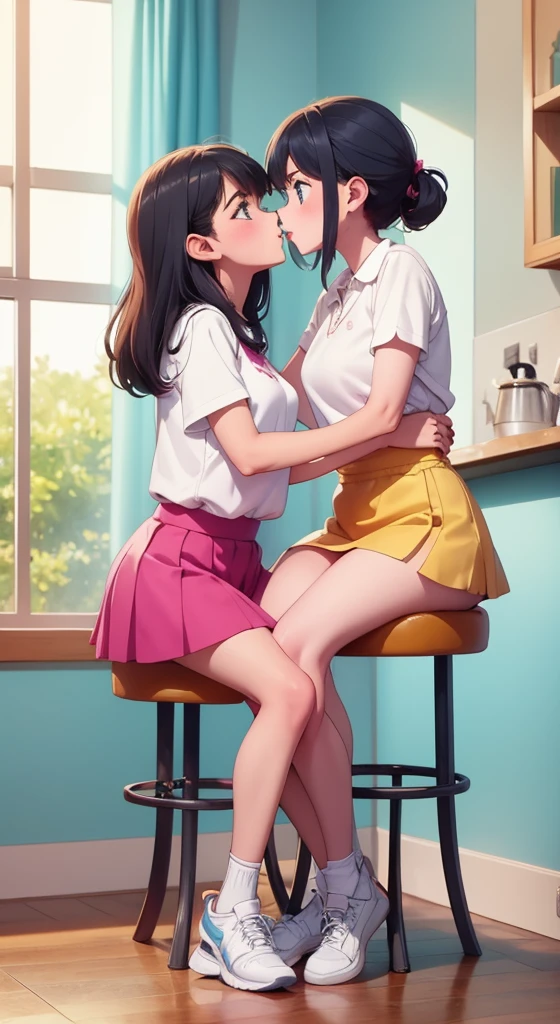 Beautiful lesbian women kissing at a Mc Donald's, full body