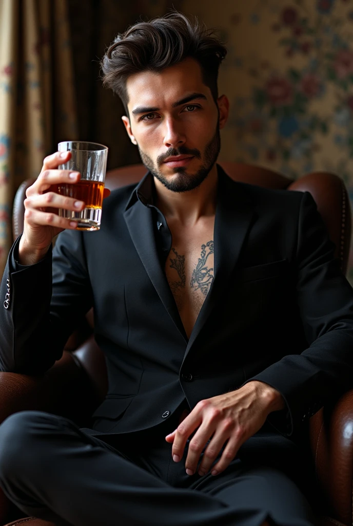 ((photorealistic:1.4))a black and white photo of a man sitting on a couch holding a glass, handsome guy in  art, sylas, handsome male vampire, epic and classy portrait, male vampire, commission for high res, jesse mccree, jacen solo, male art, artstation mans aesthetic, style of charlie bowater, as a character in tekken, neo noir style. ((Best Quality, 8K))