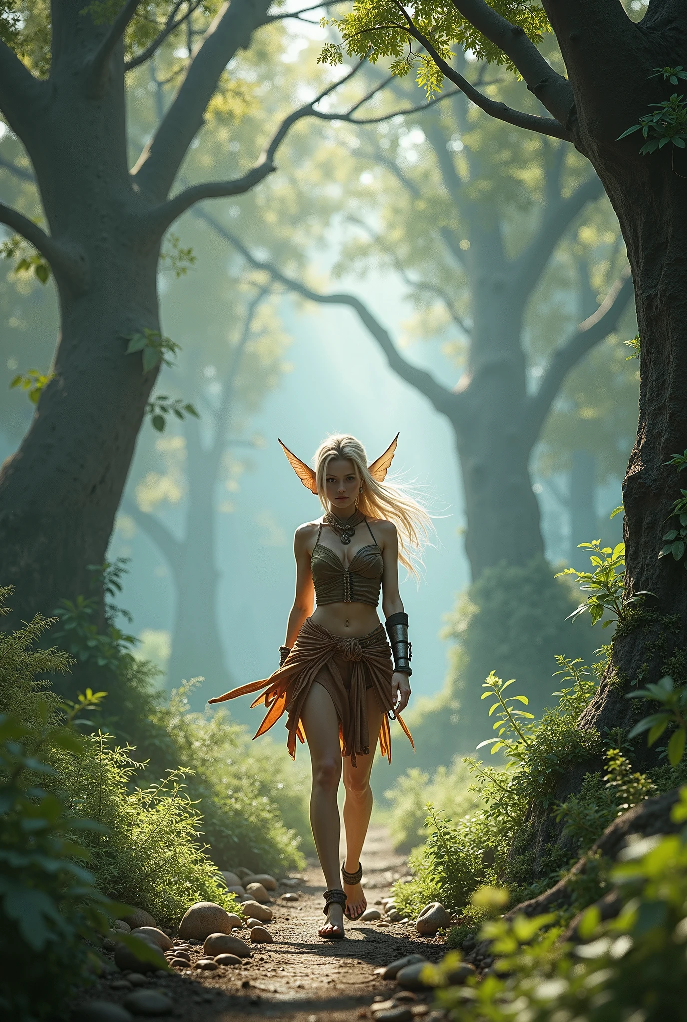 fallen wood,Elves with compound bows:1.5,Elf with a bow:1.5,arrow,flat breasts,dutch angle shot,ground-level shot,low angle,full body shot,medium shot,hunter:1.2,One unicorn:1,3, One Girl and One Fairy:1.8,Undulating lakes,deep-forest,Blowing in the wind,Has depth,(4K), (Raw photo: 1.2), (Realism: 1.4), (masutepiece: 1.3), (exquisite detailing: 1.2), Delicate and beautiful details, (Eye Detail), (Facial Detailed), (Highest Quality) :1.4), (Hyper-Resolution: 1.2),(very detailed illustration), Best Quality, depth of fields, Wide light, natural shadows