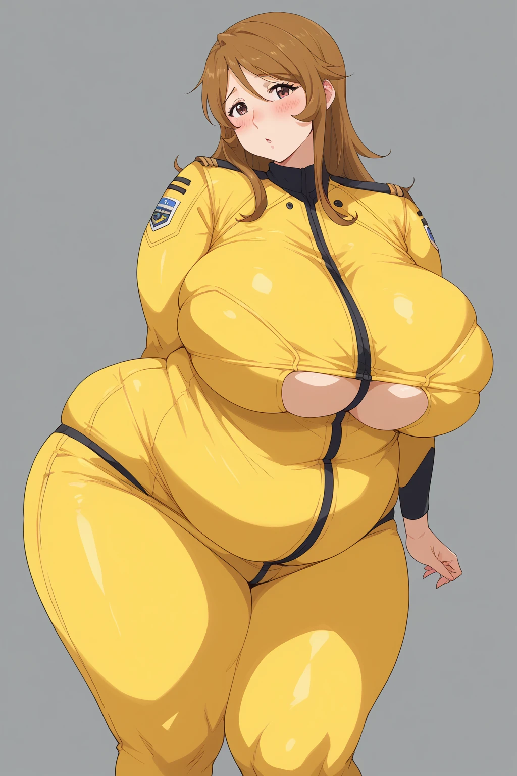 Yuki Mori, yuki mori,  yellow bodysuit,  score_9,   score_8_up,   score_7_up,   score_6_up,   score_5_up,   score_4_up,     masterpiece on penis  ,   top quality,   very aesthetic,   absurd,   source_Anime, Anime screencap,   one woman , Alone,  personal  ,  Super huge breasts, (((Super huge クレビス, Super huge , Super huge boob))), Curvy,  chubby, Mature Woman,  obese body type, blush, Shy woman