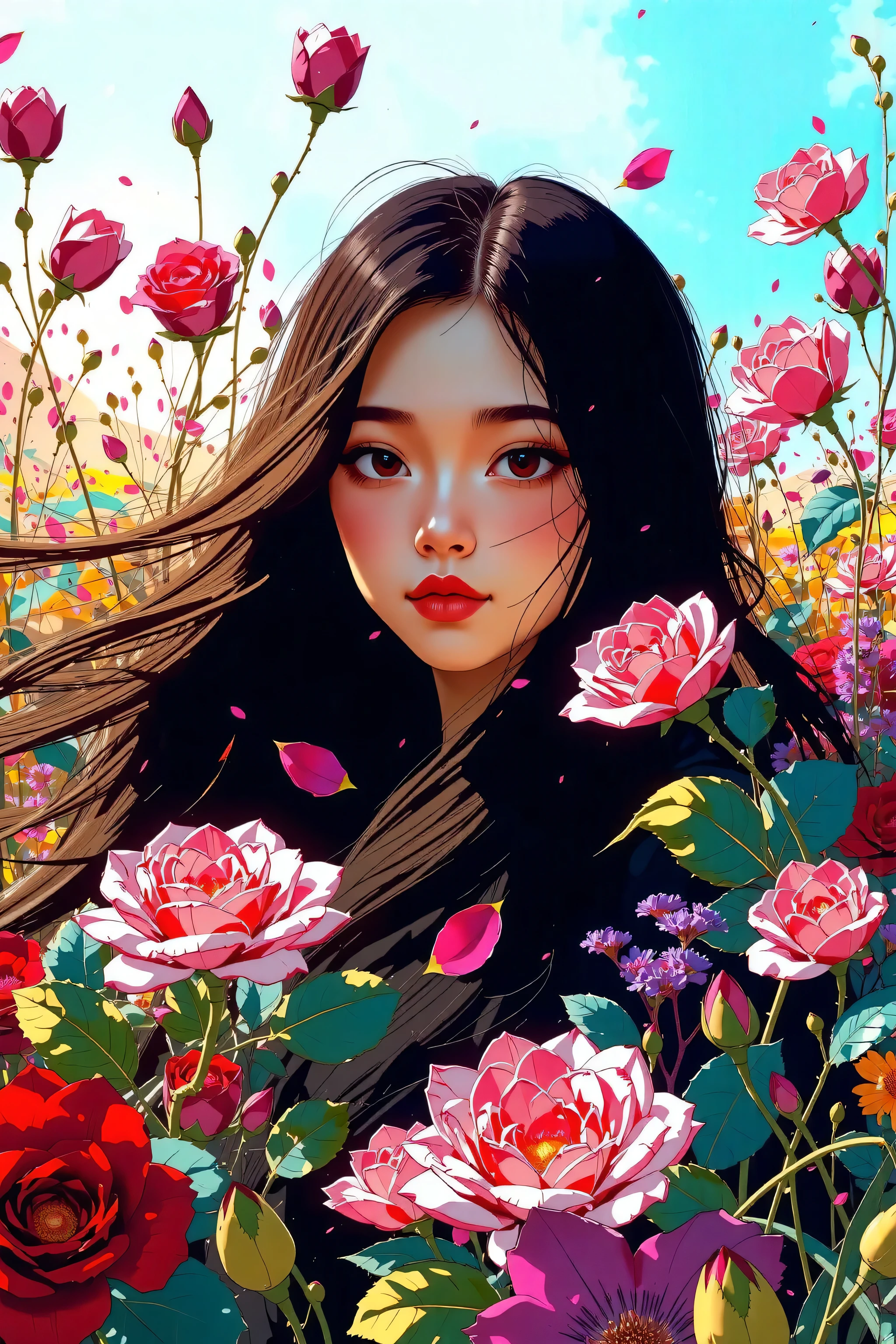 (style of Oskar Kokoschka:1.2),(abstract expressionism art:1.2),girl,plants,love,rose for eyes,bright color theme,colorful,visually stunning,beautiful,gorgeous,emotional,intricate,perferct shading, asian girl, big breasts, cleavage, 