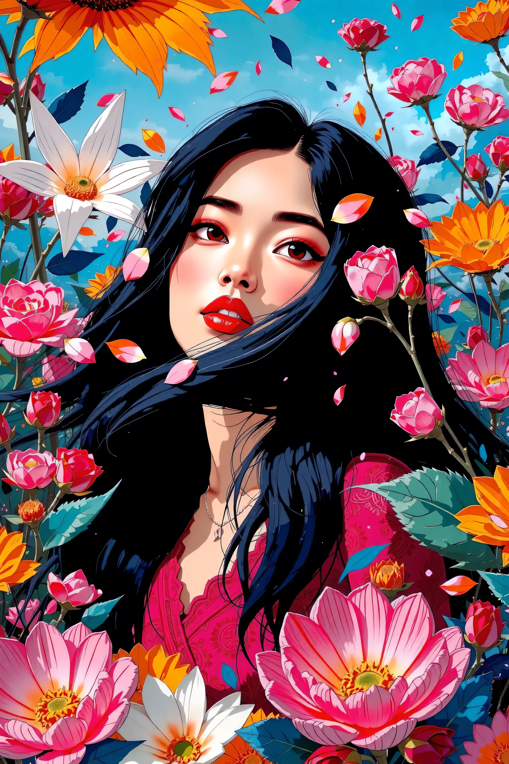 (style of Oskar Kokoschka:1.2),(abstract expressionism art:1.2),girl,plants,love,rose for eyes,bright color theme,colorful,visually stunning,beautiful,gorgeous,emotional,intricate,perferct shading, asian girl, big breasts, cleavage, 