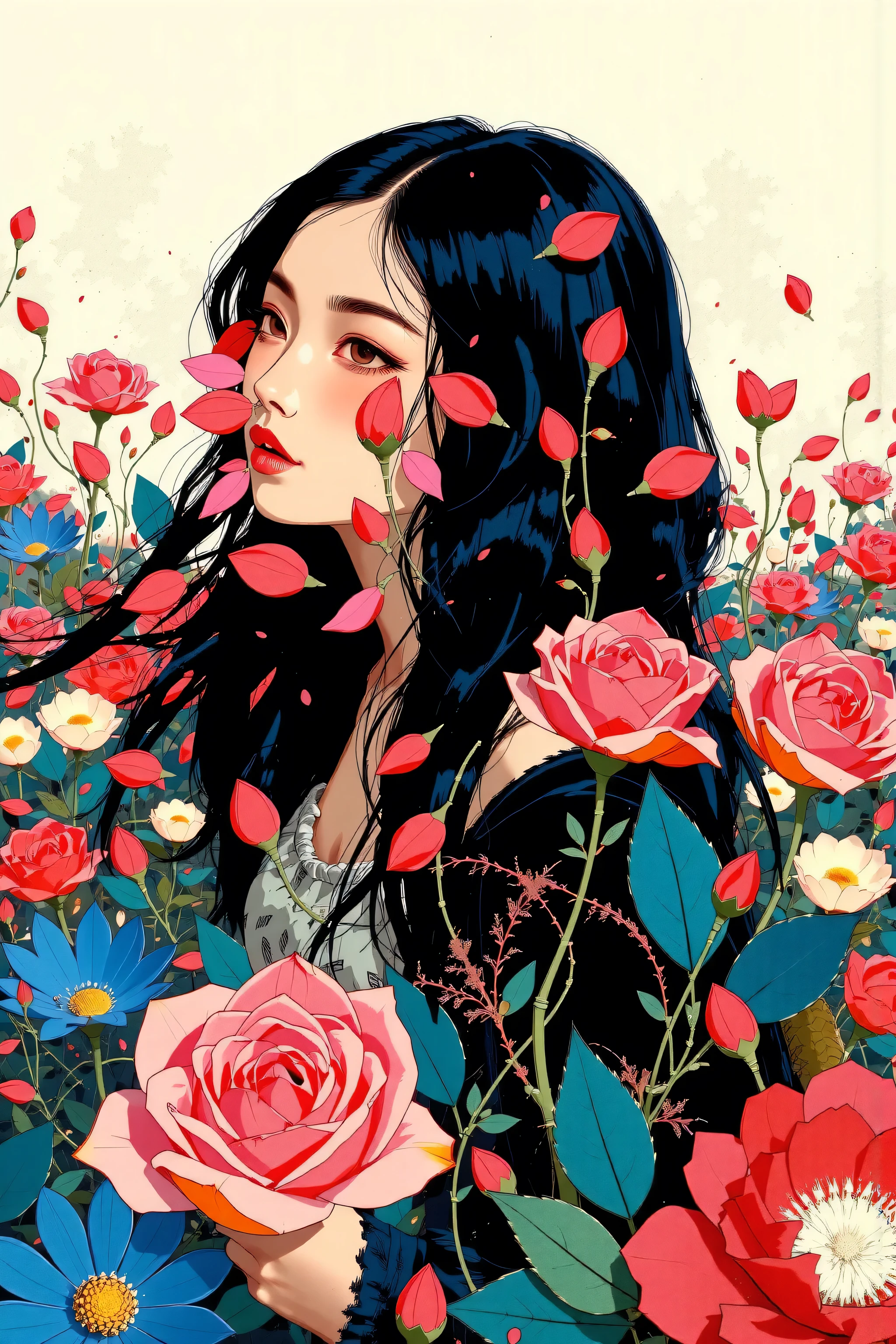 (style of Oskar Kokoschka:1.2),(abstract expressionism art:1.2),girl,plants,love,rose for eyes,bright color theme,colorful,visually stunning,beautiful,gorgeous,emotional,intricate,perferct shading, asian girl, big breasts, cleavage, 