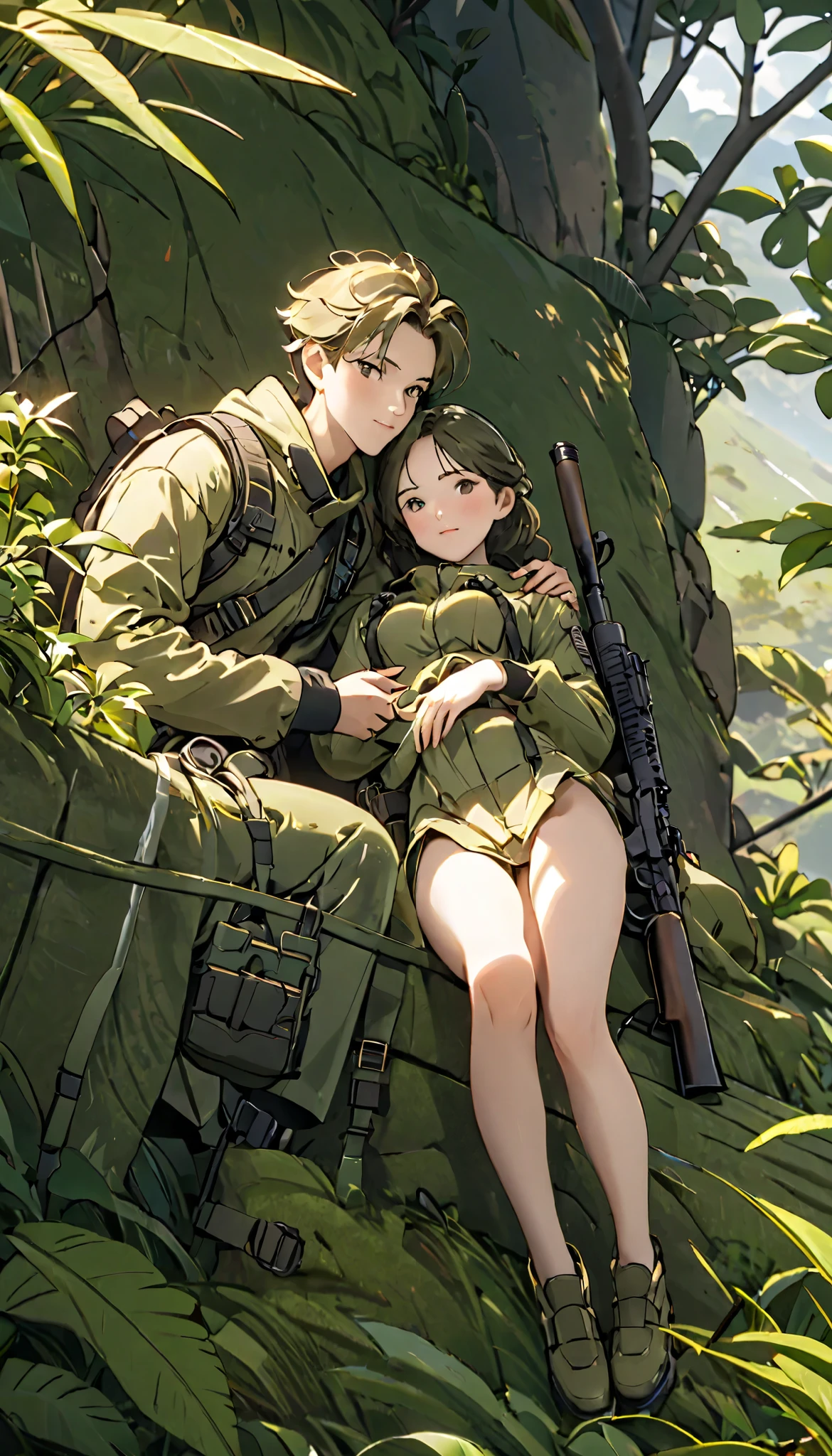 top quality、 masterpiece on penis 、(( Highly Detailed CG Integrated 8K Wallpaper)), On a Small Cliff 、((( 1 male and 1 female :1.37)))、(((Male Spotter 、Female Sniper)))、2 Person Cell :1.2、 Sniper and Spotter :1.2、((( Spotter Observing 、 Napping Sniper )))、Ghillie Suit、