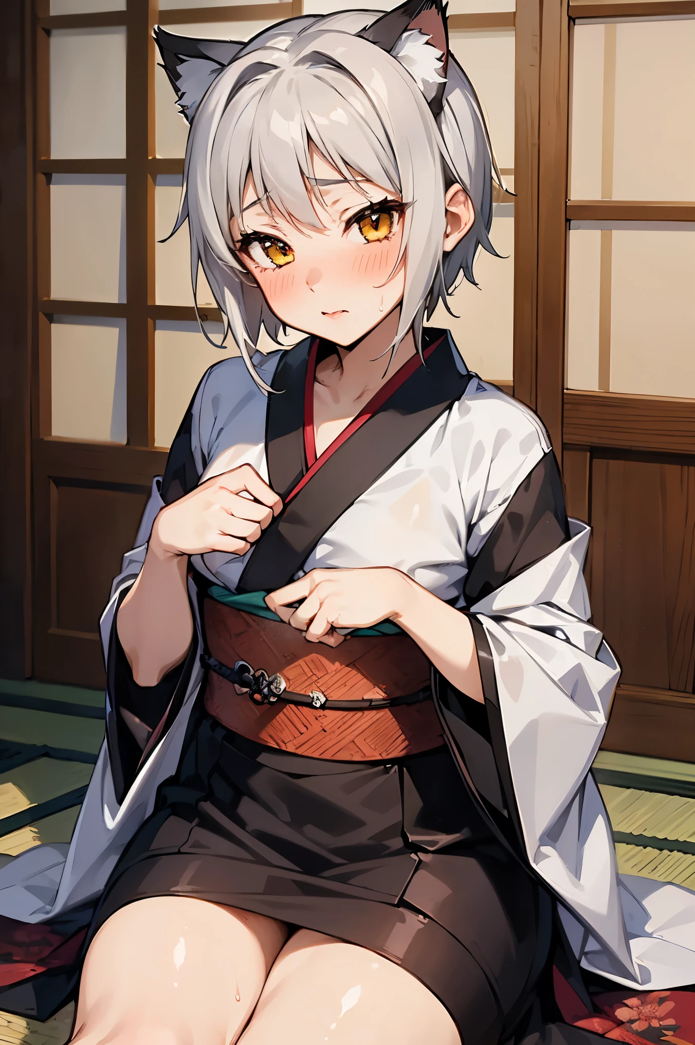 NSFW,masterpiece, top quality, high definition , very detailed,Tacheng kitten,Gray Hair, shorthair, kimono,kimono, lustful face,blush, are in estrus