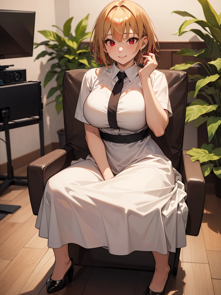 (​masterpiece, top-quality, hight resolution, Unity 8k, extremely details CG:1, Best Picture), Upper body, ((blonde hair, (red eyes:1.5), short hair,)), "A cheerful young woman sitting in a brightly lit interview room with a casual and welcoming atmosphere. She is dressed in casual and modest clothing, such as a simple blouse and skirt, seated comfortably on a chair. The background features indoor plants and tasteful decorations, creating a relaxed and neutral setting.
Her facial expression radiates excitement and anticipation, with a wide, genuine smile and sparkling eyes. Her posture is upright and enthusiastic, with both hands resting on her lap, fingers slightly intertwined, as if she can hardly contain her excitement for the upcoming filming. This moment captures her joyful eagerness as she talks about looking forward to the shoot during the interview."