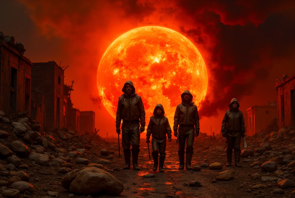 ((masterpiece)) ((photography)) ((Highest quality)) A dystopian apocalyptic landscape where the sun is dangerously close to Earth, casting an intense, hellish red-orange glow over everything, a family of 4 of survivors wearing improvised, handmade heat-resistant suits. The suits are patched together with metallic and reflective materials to shield from the extreme heat, and they carry makeshift tools. The survivors huddle under the shadow of a crumbling building, trying to escape the unbearable heat, their faces weary and desperate.