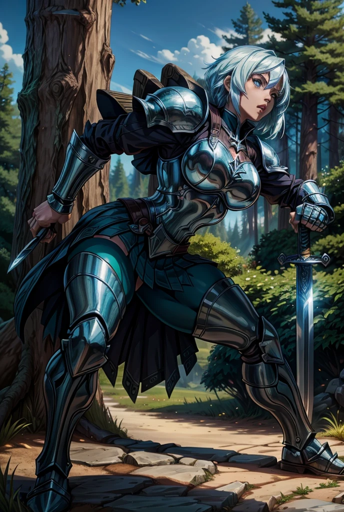 Anime fantasy warrior with armor, a sword and a shield, action pose, forest in the background, determined expression