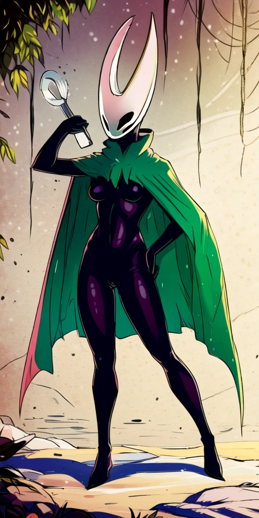 (1girl:small breasts, green cape, mask, hornet \(hollow knight\), black skin), posing for a photoshoot