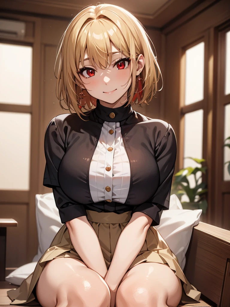 (​masterpiece, top-quality, hight resolution, Unity 8k, extremely details CG:1, Best Picture), Upper body, ((blonde hair, (red eyes:1.5), short hair,)), "A cheerful young woman sitting in a brightly lit interview room with a casual and welcoming atmosphere. She is dressed in casual and modest clothing, such as a simple blouse and skirt, seated comfortably on a chair. The background features indoor plants and tasteful decorations, creating a relaxed and neutral setting.
Her facial expression radiates excitement and anticipation, with a wide, genuine smile and sparkling eyes. Her posture is upright and enthusiastic, with both hands resting on her lap, fingers slightly intertwined, as if she can hardly contain her excitement for the upcoming filming. This moment captures her joyful eagerness as she talks about looking forward to the shoot during the interview."