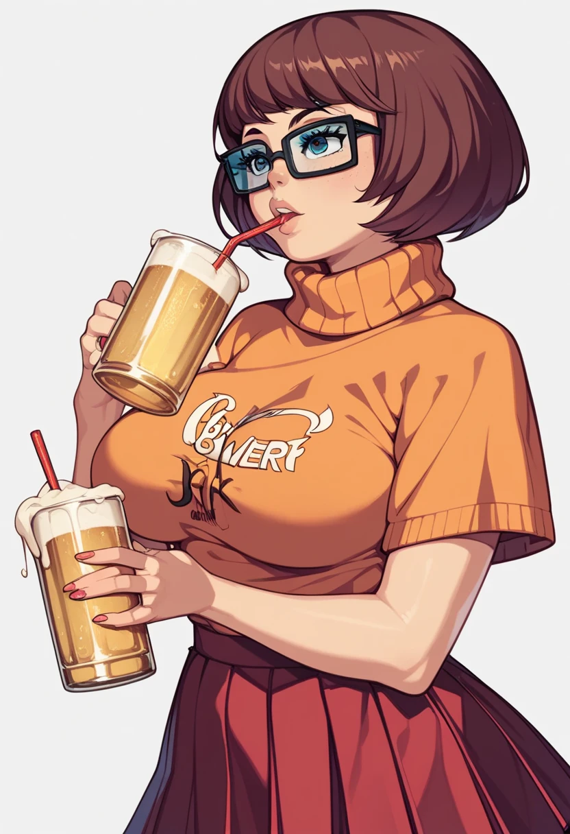 velma dinkey,  short hair, glasses, big breasts, Drinking Ebia beer