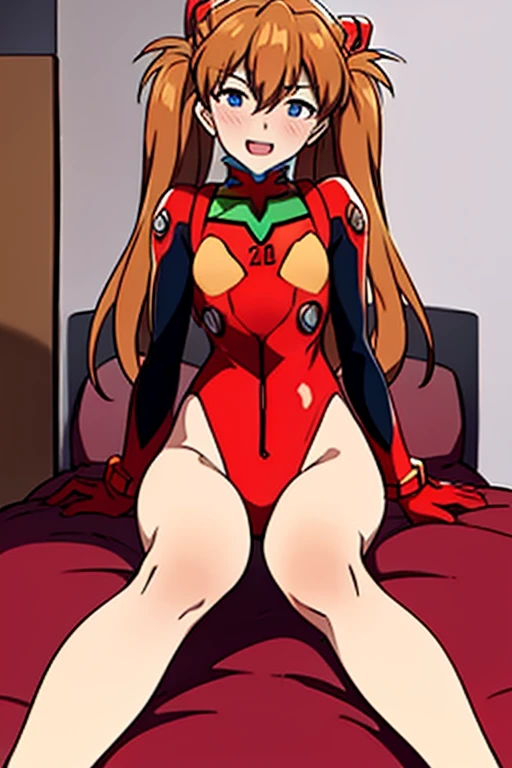masterpiece, best quality, (kunikida hanamaru:0.999), (long hair:0.888), (breasts:0.878), (brown hair:0.875), (looking at viewer:0.699), (large breasts:1.0), (red tight bodysuit:1.2), crouching , squatting, straddling, spread legs,sweaty,arms behind