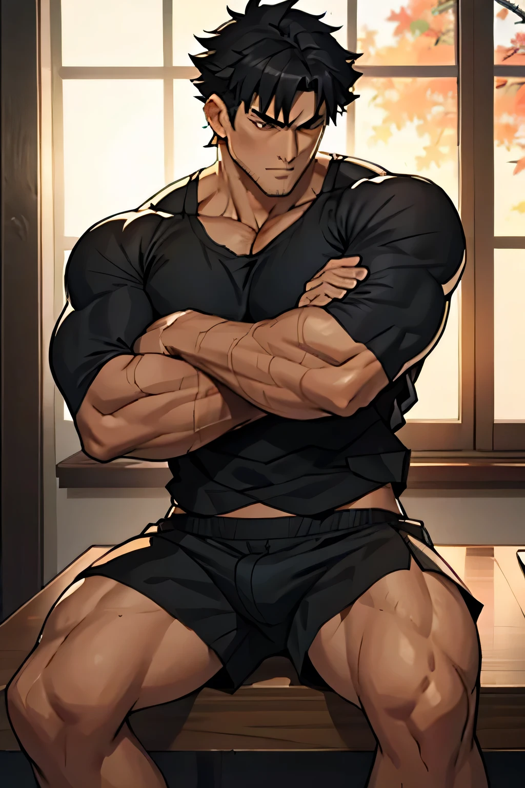 Kiritsugu is sitting and flexing his thighs. He is wearing a black tanktop. The right sleeve of his boxers is completely rolled up, so you can see his entire thigh. He wears black short boxershorts. You can see his thighs completely. He has a huge bulge. He is admiring his arms by touching them. His arms are full of visible huge thick veins.