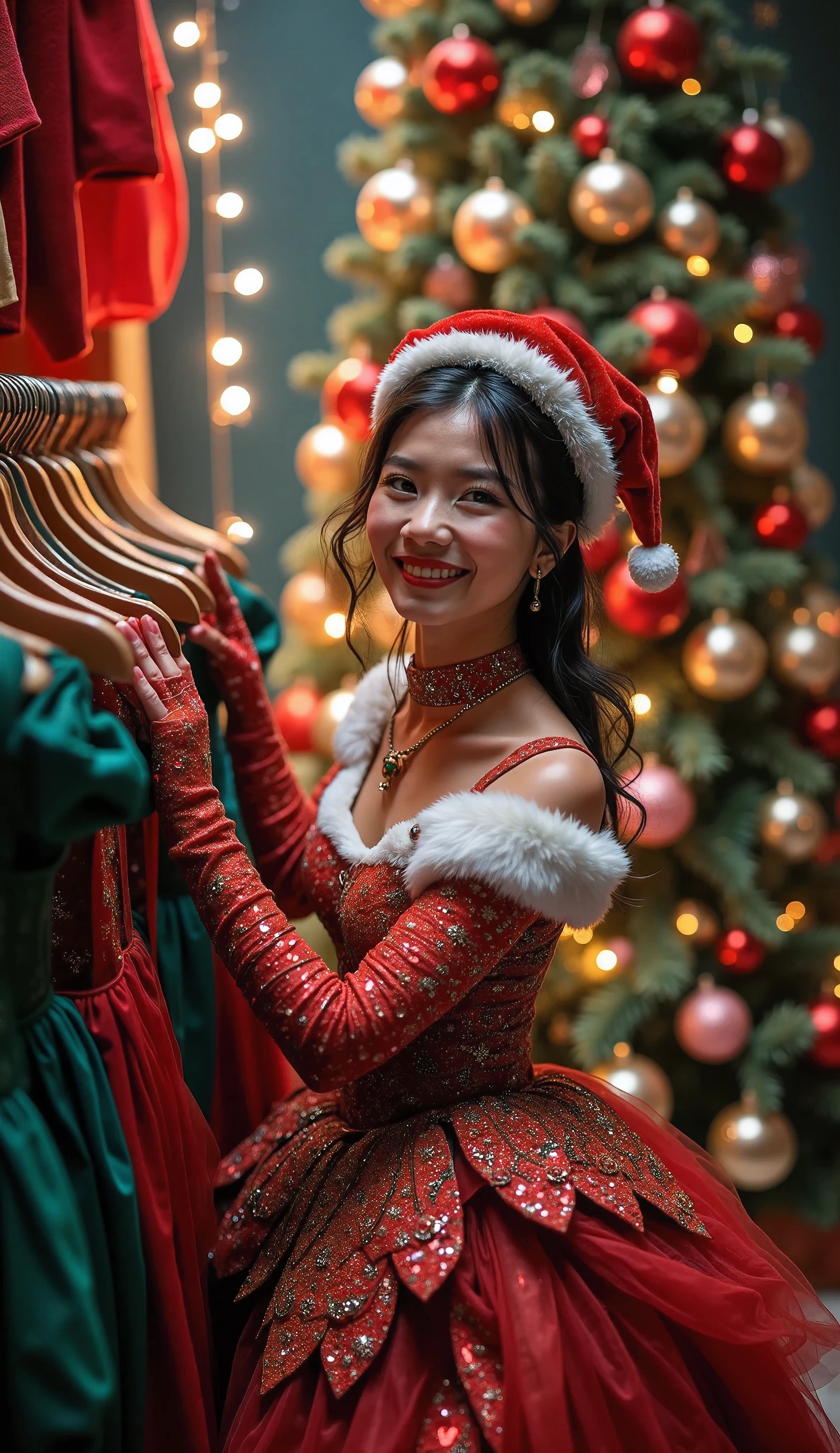 Nice details,  Women wearing Christmas costumes, Alone, Pretty girl, Talented Santa Lady ,  Christmas tree color scheme fusion , JK,  Looking at cute costumes 、 I can't wait for Christmas 💕,  perfect body,