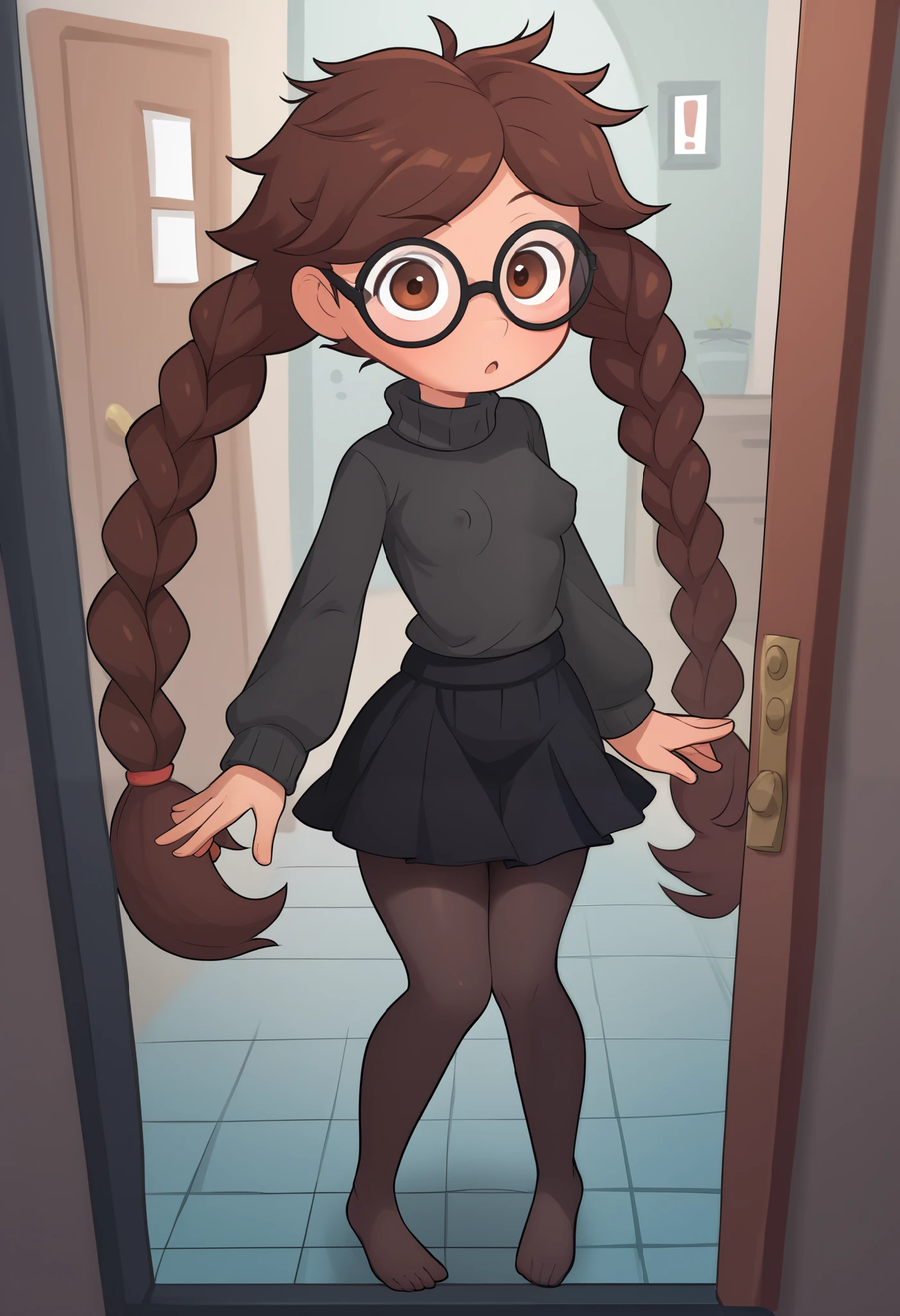 Small girl, young, full body, (solo 0.6), dark brown hair, braids, twintails, messy braids, puffy hair, messy hair, very long hair, brown eyes, skinny body, slender body, thin waist, small breasts, indoors, (solid black sweater 0.9), black sweater, solid black skirt,  black clothing, medium length skirt, knee length skirt, black pantyhose, glasses, opening door, surprised face, pov, looking up at you, big eyes, hard erect nipples, cute, ( pixar style 0.5)