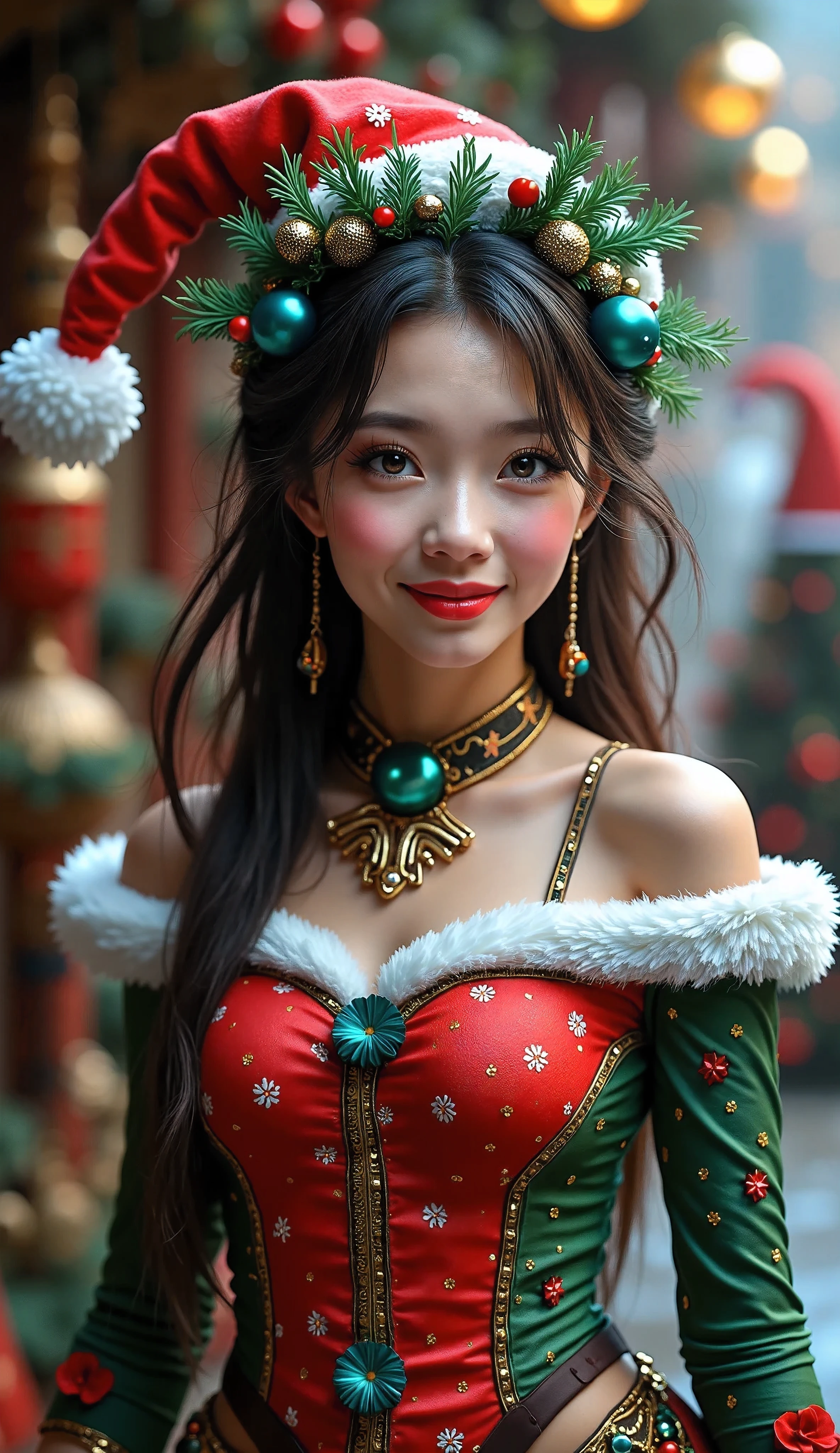 beautiful detailed eyes, beautiful detailed lips, extremely detailed eyes and face, long eyelashes, 1 girl, Christmas costume, adult woman, Santa lady in Christmas tree-like costume, exquisite red and green color scheme, smiling at you, perfect body, unconventional Christmas outfit, novel, quirky, cool, JK, cute outfit, (best quality, 4k, 8k, highres, masterpiece:1.2), ultra-detailed, (realistic, photorealistic, photo-realistic:1.37), digital art, concept art, fantasy, holiday, Christmas, festive