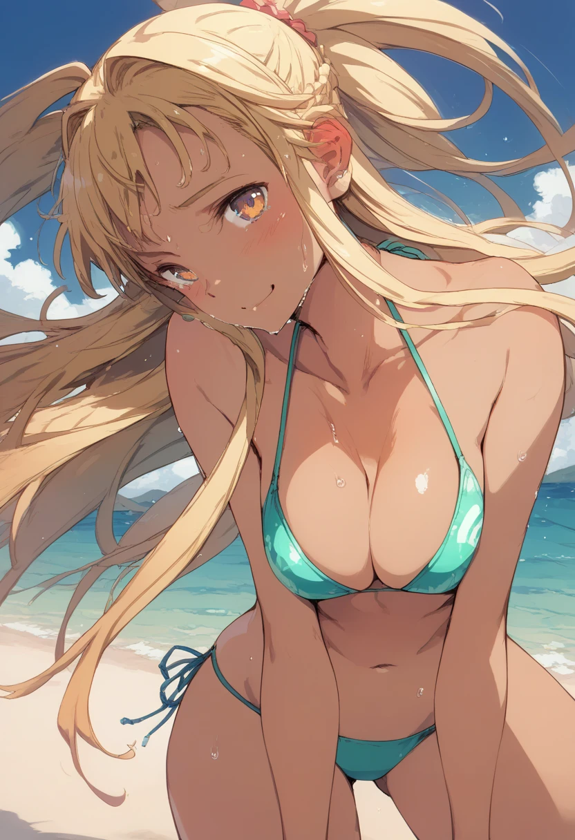 pt, beach ,bikini,2Girl,Sprinting, wet and shiny skin,濡れて艶のあるbikini,光沢のあるbikini, vibrant colors,primary color,dark skin color,casual blonde long hair,Bullish expression,High school girl gal