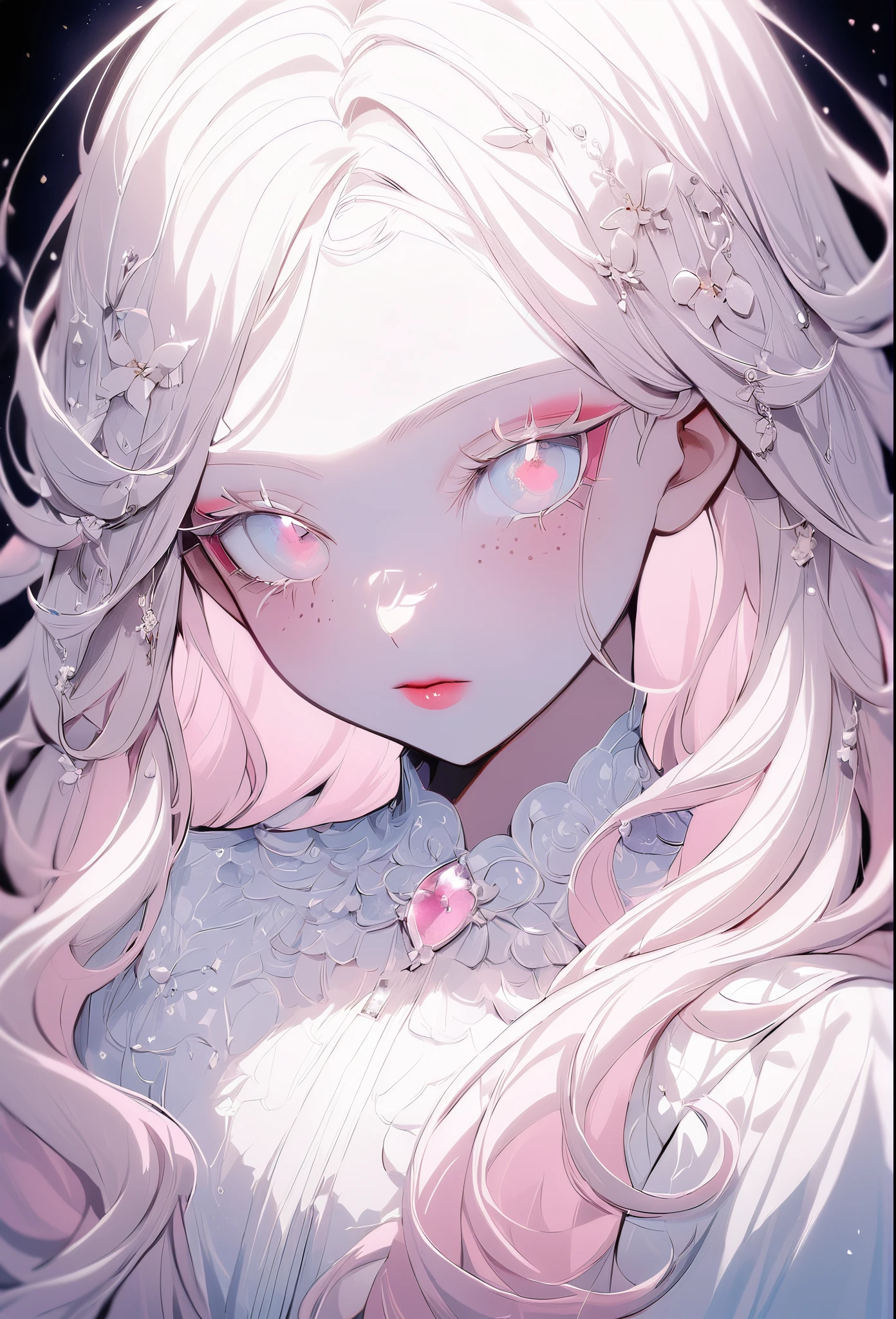 The character has a fascinating and ethereal look . She has long, straight hair , of a very light white tone , that creates a strong contrast with the skin . Your face is delicate, with well-defined cheekbones and a small nose , adorned with freckles that add a charm special . The lips are full, with a soft pink tone and subtle shine .
The eyes are very expressive , but they seem to be pale blue or even white , which gives an almost supernatural appearance . The eyebrows are well outlined , with a shade of pink that harmonizes with the makeup . The makeup finish is soft , with an emphasis on the luminosity of the skin and a touch of radiance that creates an almost dreamlike air .
The character's general style suggests an aesthetic that mixes fantasy elements and a modern touch, combining sensations of innocence and mystery , And she has white eyelashes.