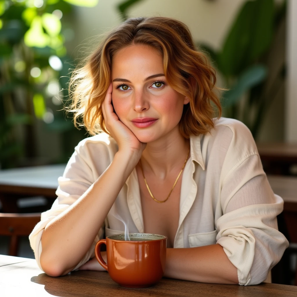 Photo of a 25-year-old woman with short, tousled auburn hair that frames her face in soft waves, giving her a natural and carefree look. She has fair, sun-kissed skin with a hint of blush on her cheeks and wears a subtle, earthy-toned makeup palette that enhances her expressive hazel eyes. Her pose is relaxed yet engaging—she leans slightly forward with her elbows resting on a rustic wooden table, her chin resting on her hand, as she gazes warmly into the camera with a small, thoughtful smile.

She is dressed in a lightweight, cream-colored linen shirt with rolled-up sleeves, paired with a delicate gold necklace that glints softly in the light. A ceramic mug with steam rising from it sits in front of her, adding a cozy and inviting element to the scene.

The background is an open-air café surrounded by lush greenery, with soft sunlight filtering through the leaves and creating dappled patterns of light and shadow on the table and her shirt. The lighting is warm and natural, enhancing the earthy tones and creating a tranquil, relaxed atmosphere. The overall composition is serene and inviting, capturing a candid moment of quiet introspection and warmth.