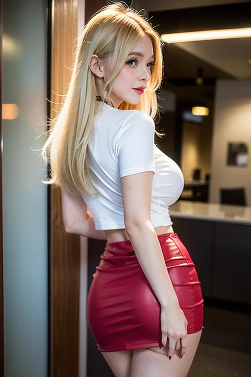 Chica alta cuerpo  gordita y pecho grande cabello amarillo rubia ondulado ondas definidas se viste rojo camisa oficina  lleva un  pantalon negro apretado enorme muslos sexy 