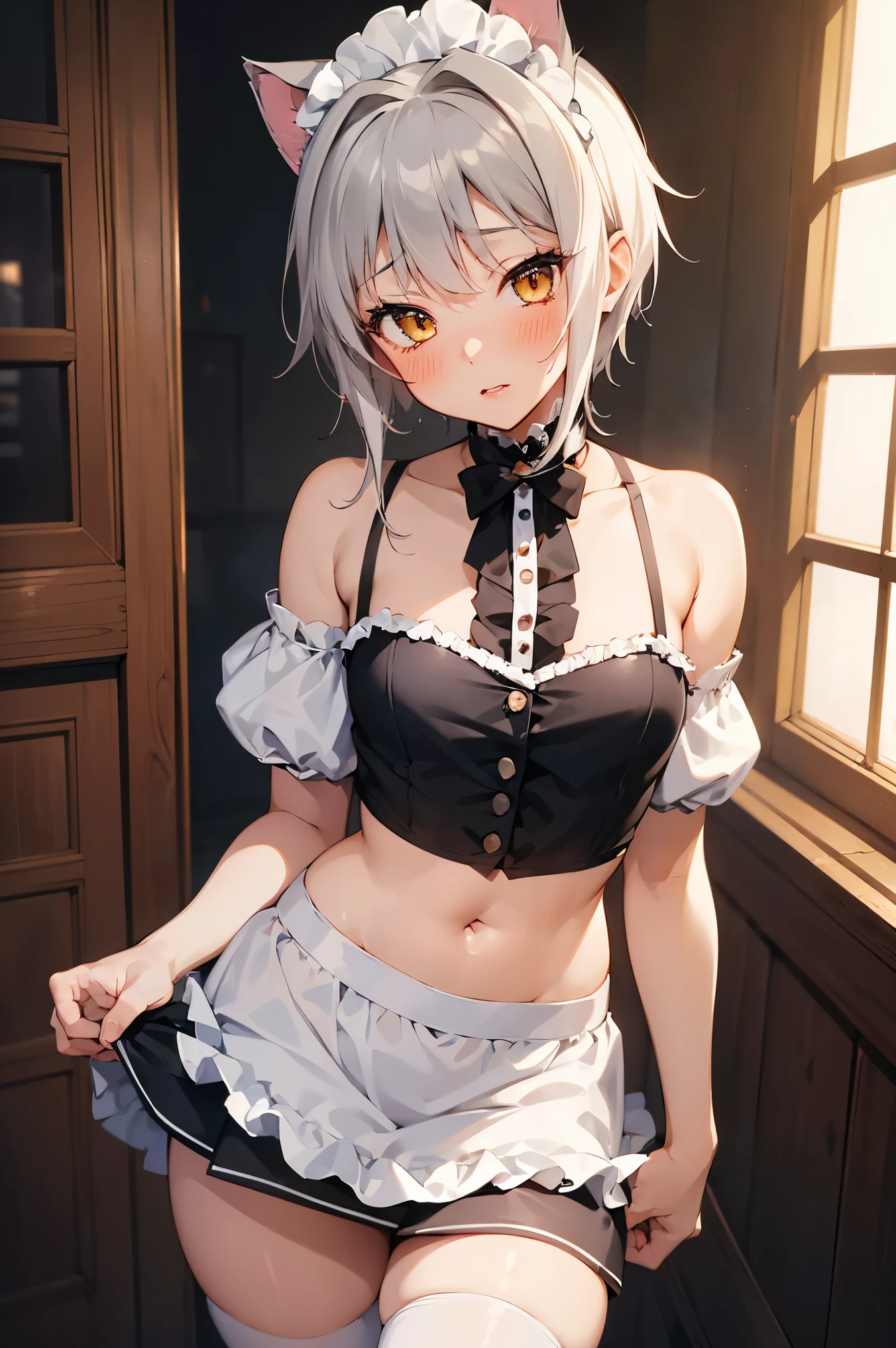 NSFW,masterpiece, top quality, high definition , very detailed,Tacheng kitten,Gray Hair, shorthair, maid outfit , off-shoulder , crop tops standing, miniskirt, lustful face,blush, are in estrus