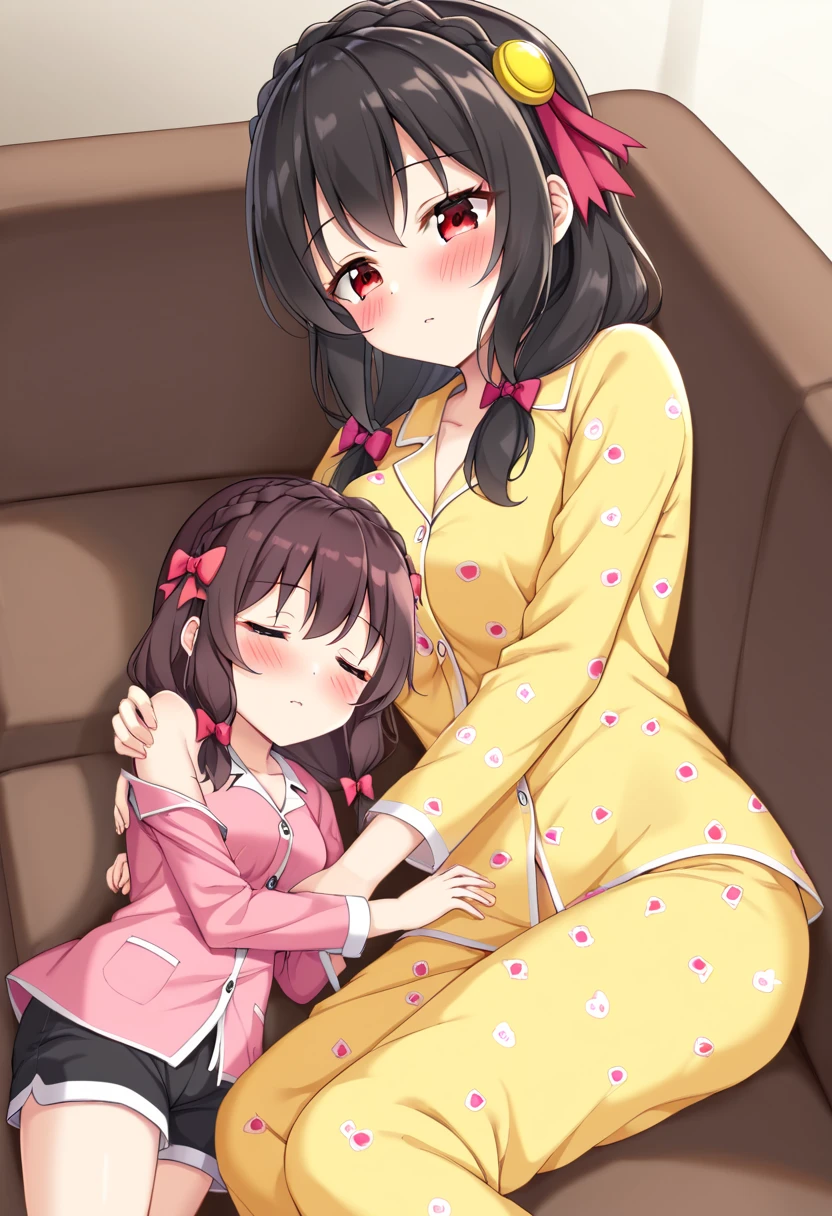 yunyun、masterpiece, top quality,  high definition ,(One person), Yunyun、  crown braid the same color as my hair,  black hair、 red eyes、 hair accessories , ( yellow pajamas with my shoulders out )、Pajamas with black shorts 、 big-breasted 、blush、(I'm sleeping on the sofa )