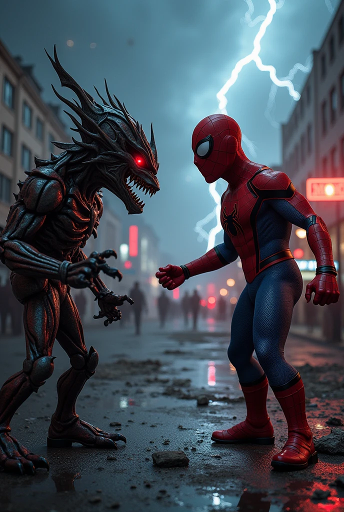 "A superhero resembling Spiderman, dressed in a red and blue suit with web patterns, is fiercely battling against monstrous demons in a dark, eerie urban setting. His girlfriend, wearing a simple dress, watches from a nearby rooftop, looking worried but hopeful. The demons are towering, grotesque creatures with menacing claws, sharp teeth, and glowing eyes. The city around them is shrouded in shadows, with broken buildings and flickering streetlights, adding to the intense, dramatic atmosphere. The hero is mid-action, using his web-slinging abilities to dodge attacks and protect his girlfriend."