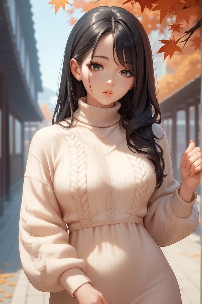  1 girl ,  Beautiful Japanese Women 　Simply beautiful　 pubic skin　Glossy lips　 Perfect Body 　 black hair, 　 Very Beautiful 　 autumn park　 cm apart　Wavy long hairstyle　 sweater dress 