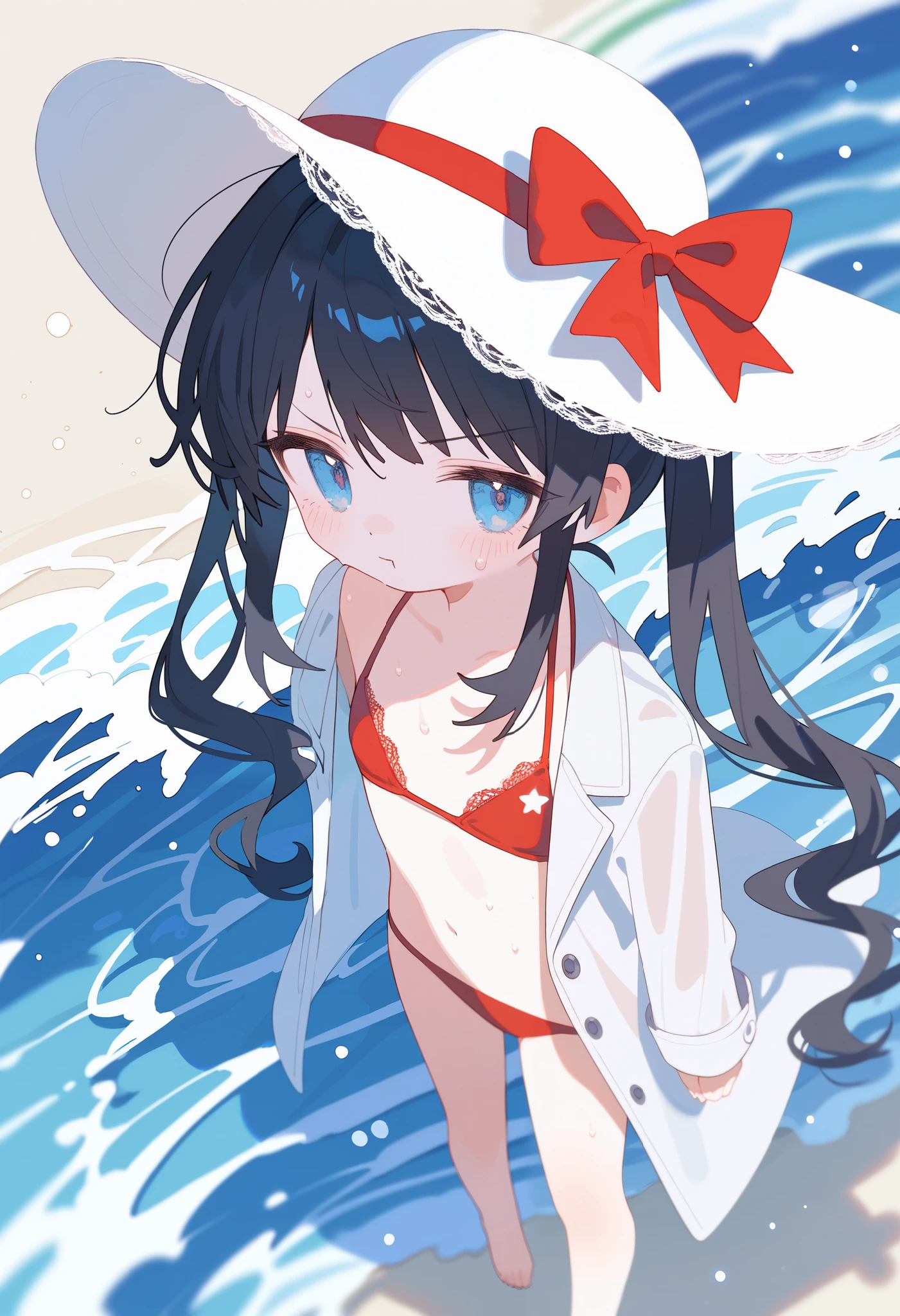 1 Girl， black double ponytail ， blue eyes ， bikini，lace，Crimson style ， black transparent flowing small short trench coat，Bow， sunshine， atmosphere under the stars，Light Particles，Hand-held hat，Pout， messy bangs ， blush，sweat，Beach，Waves，bush，Red ribbon，Barefoot，Look at it from above，Overlooking，The character looks at the camera ， Fisheye Lens ，Blurred view，rainbow，（ black hair），（Red clothes