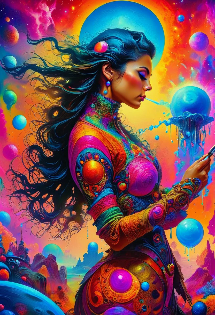 woman over 26 years of age, with perfect oval breasts, wearing sunglasses, tight leather straps on the thighs, cinematic, 4k ultra, beautiful face, ((full body)), detailed, beautiful woman: 1.3, beautiful face with good sharpness, full body, saturated colors, psychedelic image, LSD, mandala, fractral, costume, tattoo, painted body, art similar to the art of Alex Grey,  a lot of color saturation, vortex, planet earth, galaxy, with lots of lighting, shading and contrast, eyes well centered and with contrast, 3D depth, no clothes, only hands or feet that are part, hands proportional to the body and with 5 fingers, melting --auto --s2