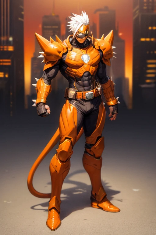 ((best quality)), ((masterpiece)), (detailed), 1 man, full body, 54 years old, senior citizen, masked, eye mask, orange mask that covers half of his face, spiked mask, evil smile, metal goblin ears, gremlin, yellow cat eyes, white hair sticking out of the top, mohawk, brown collar, tall, very thin, hunched over, long metal claws, spikes on his forearms, brown details, brown fingerless gloves, orange wristbands, orange nanotech suit, light armor, orange chest with an emblem, high shoulder pads, orange suit with brown stripes, brown tiger stripes, triangle emblem on his chest, orange emblem, orange pants, orange knee pads, metallic orange boots, metallic orange shoes, brown superhero belt, standing on a building, city background, anime