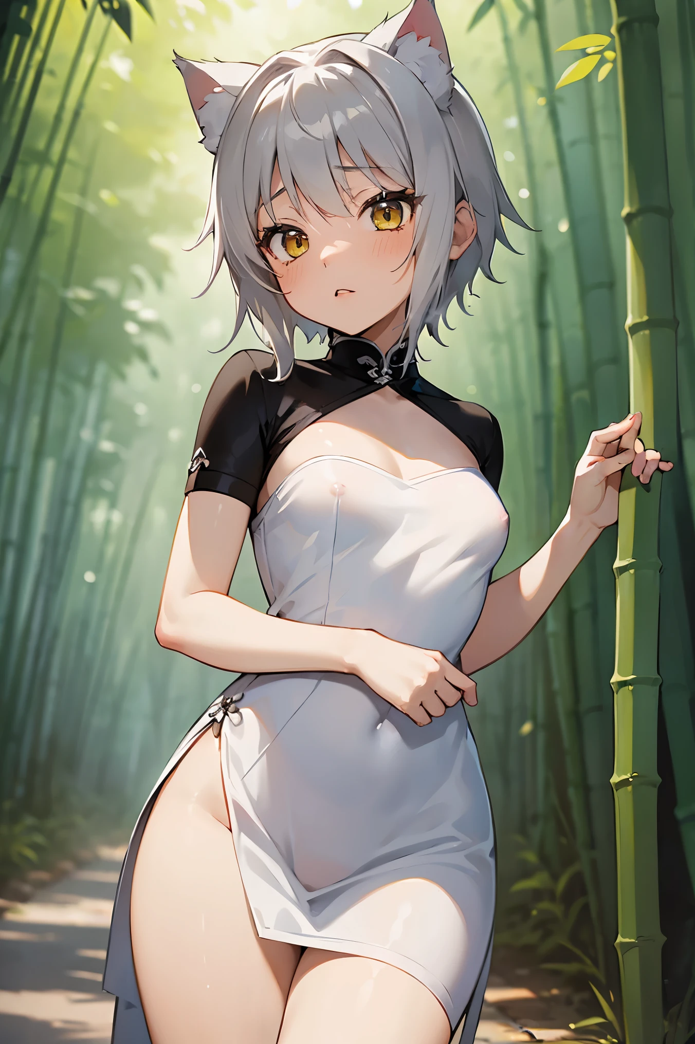 NSFW,masterpiece, top quality, high definition , very detailed,Tacheng kitten,Gray Hair, shorthair, white china dress,bamboo forest
