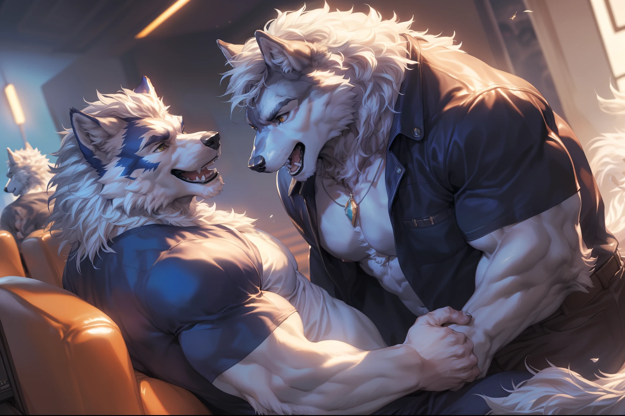 {{bara extremely handsome white tiger}}, {{white fur}}, {{short husky with grey fur}}, the grey husky is sucking the white tiger's absurdly massive big and think pinkish white cock, fellatio, nsfw, porn, rough