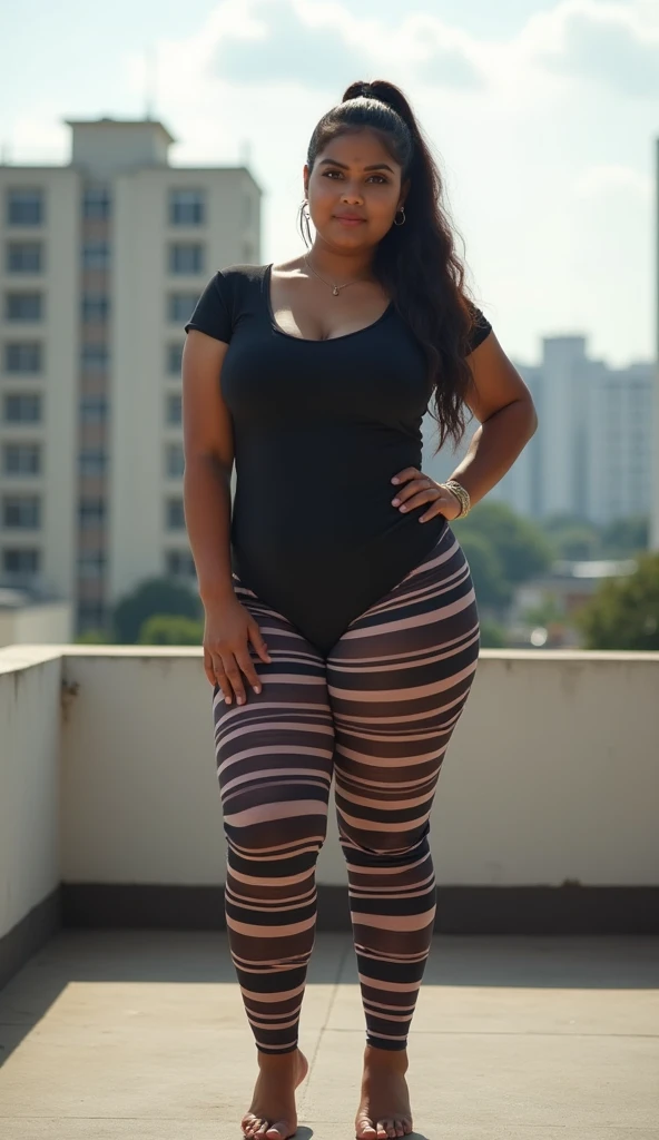40 year old woman, long straight black hair, small round face, small breasts, White slim semi-transparent sleeveless t-shirt, Protruding abdomen, Wide hips, large prominent legs, white tight lycra shorts