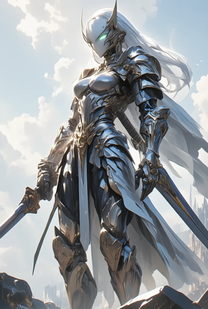 This is a highly detailed digital artwork depicting a powerful, armored female warrior in an epic fantasy style. The figure stands in a dynamic, slightly angled pose, holding a long, ornate sword with both hands. Her armor is intricately designed with a mix of metallic and organic textures, featuring sharp, angular plates that protect her torso and limbs. The armor is predominantly silver and white, with hints of gold and blue, reflecting light and shadow in a way that highlights its complexity and craftsmanship. 

Her helmet is a full-faced visor with a sleek, curved design, and she has long, flowing, white hair that cascades down her back, adding to the ethereal and regal appearance. She wears a flowing, white cape that billows behind her, suggesting movement and strength. The background is a soft, gradient sky that transitions from pale blue to light gray, with subtle hints of clouds and a distant castle or tower, adding depth and context to the scene. The overall composition is dramatic and heroic, with the warrior dominating the foreground, while the background suggests a grand, mythical world. The image exudes a sense of strength, nobility, and epic adventure.