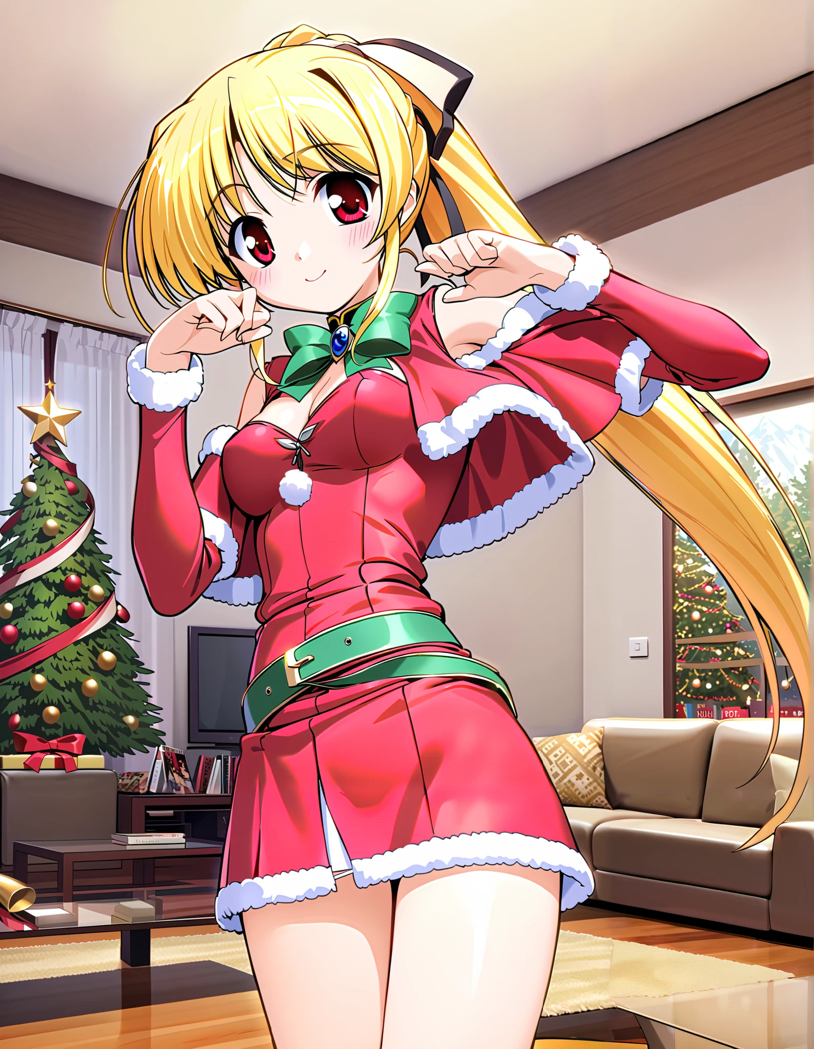 cynthia marguerite, (cowboy shot), blonde hair, red eyes, ponytail, long hair, hair ribbon,  small breasts,  cleavage, (Santa:1.2), ( cute pose :1.2), (Red cheeks:1.2), ( bright smile:1.2), ( Living Room :1.3)  score_9,  score_8_superior,  score_7_superior,  source_anime, (best quality:1.2), 細部までこだわったanime, natural body shape,  high quality, full color, 8k,  high definition 