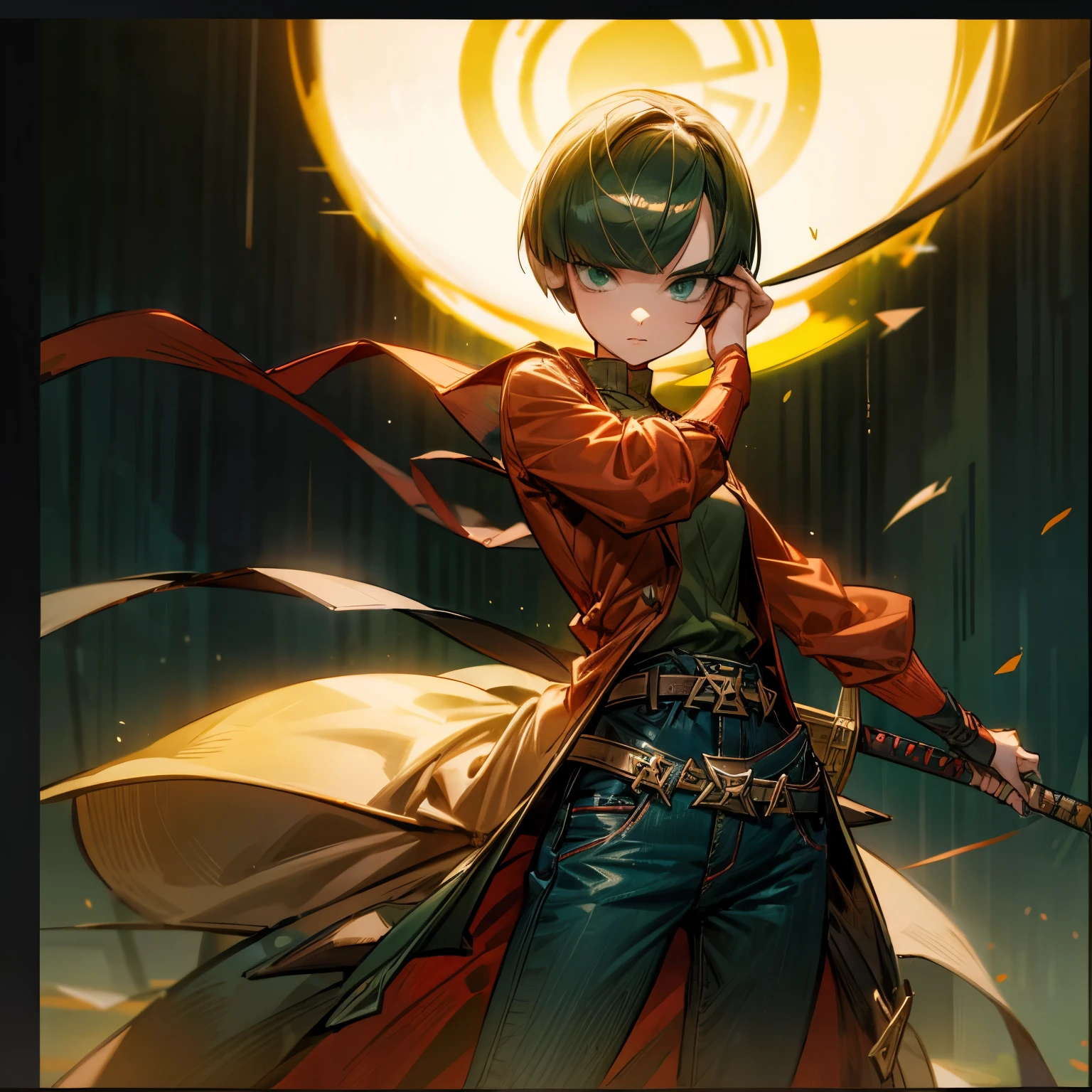 1 girl , Full body version, 1 character, green eyes, short haircut , green hair, Soldier Style Outfit , red clothing color , jacket, jeans, belt, boots, grassroots , Background City Street , motion blur , ( Detective Conan Style Art), standing, Fit the sword exactly