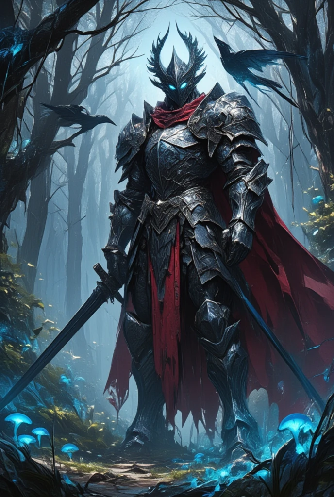 Imagine a knight clad in obsidian armor, standing amidst a dark, mystical forest. The armor glistens under the moonlight, adorned with intricate silver runes that pulse with an ethereal glow. A long, tattered crimson cape hangs from his shoulders, whispering secrets of ancient battles fought. (His face is obscured by a visor carved with the likeness of an ominous dragon, eyes burning with a foreboding azure fire.) The knight wields a massive broadsword, its blade as black as the night, etched with symbols of a forgotten language. The air is thick with mist, adding to the eerie atmosphere, as shadows seem to twist and dance around him. Birds with feathers as dark as ink flit silently through the branches above, watching with knowing eyes. (His armored boots crush the vibrant blue mushrooms underfoot, releasing a faint, luminescent dust.) He stands poised, ready to face any dark force that dares to challenge him in this realm tainted by ancient curses. The scene is rich with the tension of a world on the brink of chaos, where heroes and legends are born in the clash of steel.