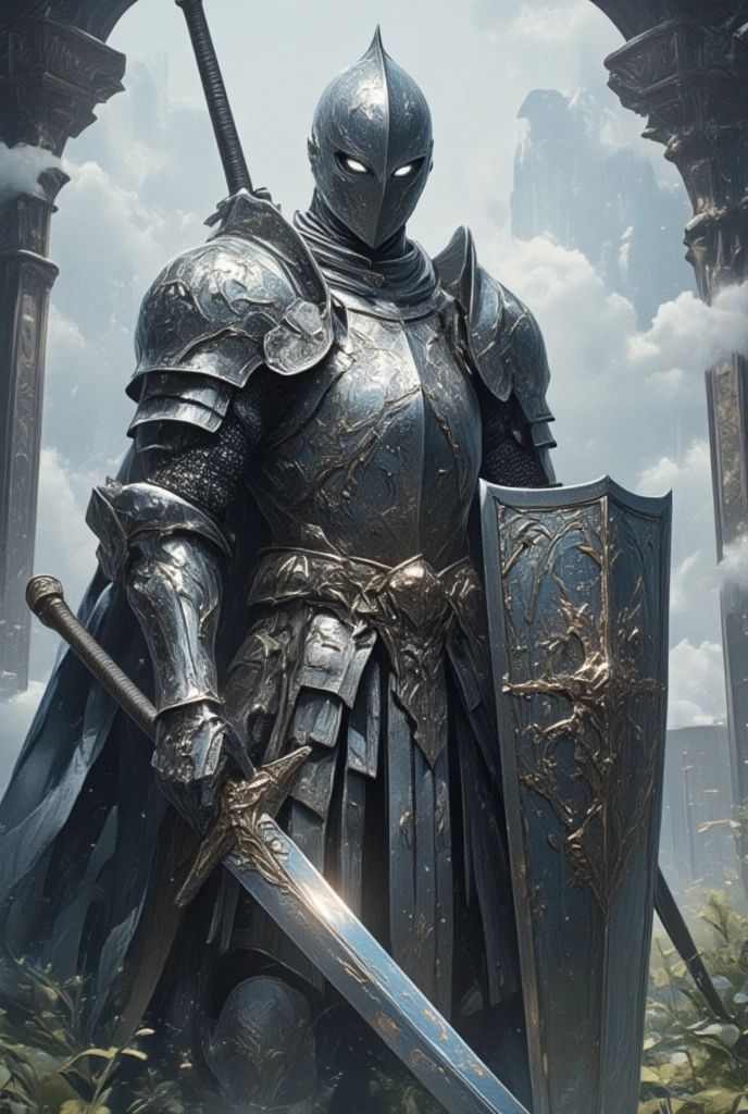 Envision a noble knight dressed in full shimmering silver armor, emerging from a thick, swirling mist on an ancient battlefield. The armor catches what little light pierces the fog, creating a striking contrast against the surrounding gloom. Each piece of plate is inscribed with celestial motifs and depictions of legendary beasts. (Beneath his polished helm, only the glint of wary eyes is visible, capturing a lifetime of resilience and unyielding spirit.) His formidable shield, engraved with the emblem of a forgotten kingdom, reflects faint ghostly apparitions that wander the field. The knight's sword, thin but strong, hums with magic and is known to pierce the veil between realms. (Around him, the air crackles with a sense of untapped power, fed by the echoes of battles long past.) This setting encapsulates the knight as a stalwart guardian against the creeping dread and whispers of ages-old malevolence, steeped in a story where light continually battles shadow.