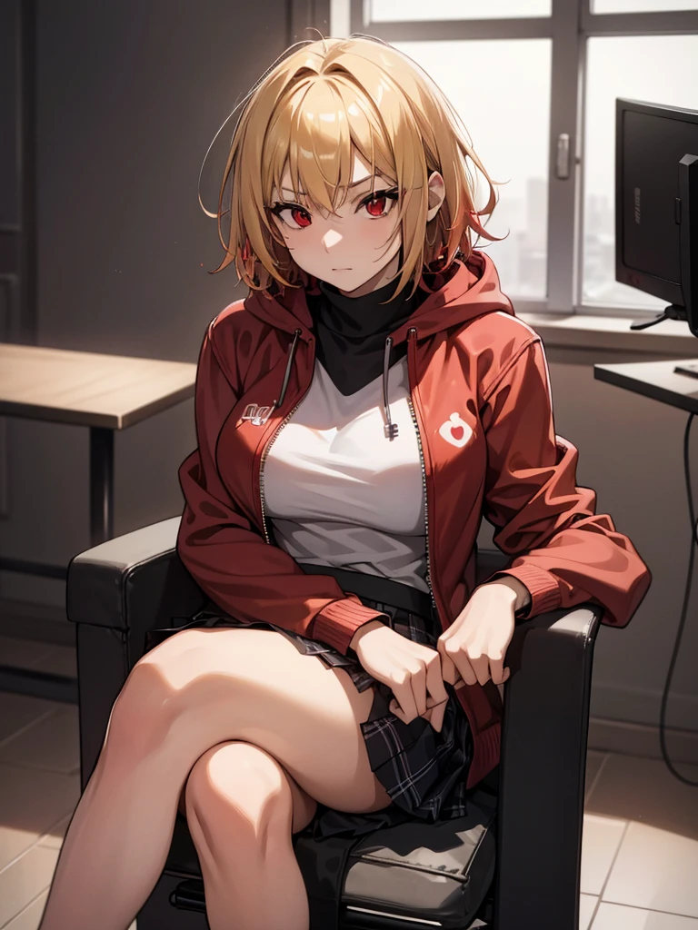 (​masterpiece, top-quality, hight resolution, Unity 8k, extremely details CG:1, Best Picture), 1girl, Upper body, ((blonde hair, (red eyes:1.5), short hair,)), A delinquent teenage girl casually sitting on a chair in a brightly lit studio, responding to an interview with a defiant and carefree attitude. She leans back in the chair, arms crossed or resting lazily on the chair’s arms, and her expression is smug or dismissive, with a faint smirk playing on her lips. Her attire reflects her rebellious nature, featuring a leather jacket or hoodie, a plaid skirt or ripped jeans, and sneakers or combat boots. Her hair might be dyed in vibrant streaks or styled messily, adding to her "bad girl" image. The background is a clean and modern studio with bright lighting, providing a stark contrast to her edgy demeanor. Her posture and attitude suggest someone who doesn't care much about the questions, occasionally responding with eye rolls or sarcastic remarks, embodying the stereotype of a reckless and untamed delinquent.