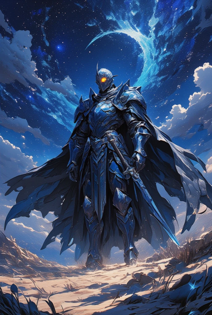 Visualize a gallant knight garbed in armor that mirrors the night sky, standing amidst the endless dunes of a star-kissed desert. The armor is a deep midnight blue, splattered with tiny specks of gemstone that twinkle like the constellations above. (His imposing helmet features a crescent-shaped crest, with one eye glowing a mysterious amber.) In his hand, he grips a slender, enchanted scimitar, its edge shimmering with the pale light of the moon. (A cloak of dark, velvety fabric flows behind him, seeming to absorb all sound in its path.) As a swirling wind lifts the sands in ethereal dances, the desert itself appears alive. Overhead, cosmic phenomena ripple across the skyscape, as if heralding this knight's celestial journey. (The shadow of a formidable griffin flits across the sands, hinting at unseen allies.) This image stages a narrative where the boundaries between earth and sky blur within the enchantment of an endless night.