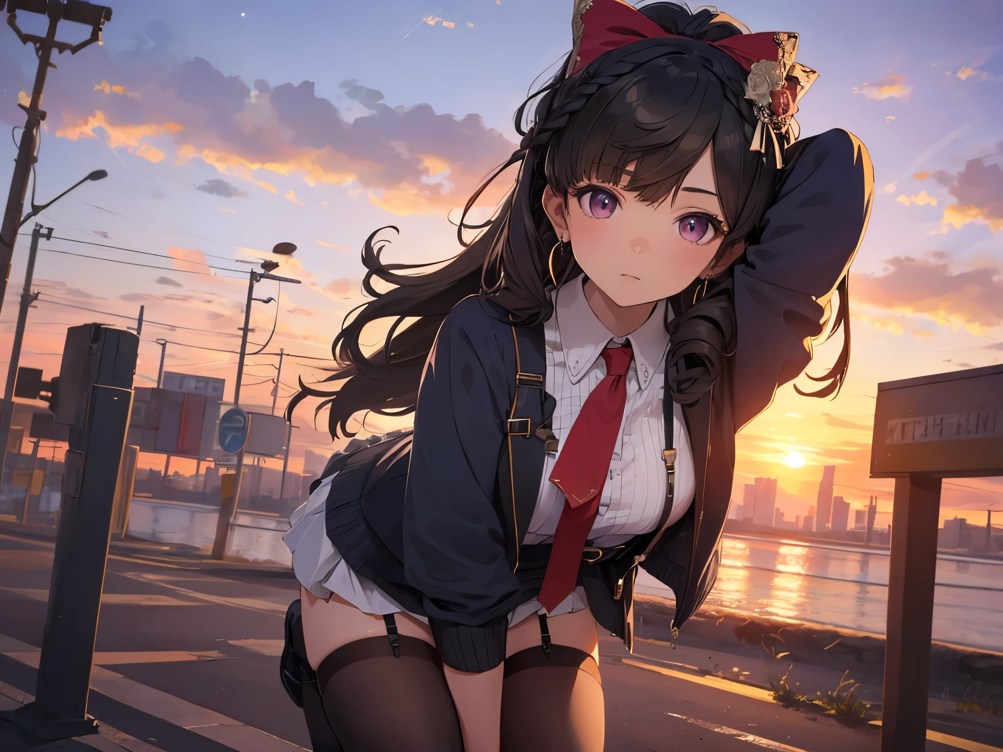 Alone, 1 Female, (Human Ear, Earrings), (black hair), ( fold your arms behind your head and put them between your knees), (Calm face), (Hair Accessories), (Suspenders, Cable warp knit sweater , Micro Mini Skirt, garter belt, Stockings), (Sunset Sky, Sunset, Evening Sky), (Focus on Breasts, Dynamic Angle), (High Resolution, Masterpiece, Accurate, Anatomically Correct, Multiple Award Winning Condition, Top Quality, Detailed, High Quality Model, High Quality, retina, Highly Detailed Condition), Textured Skin, Ultra High Resolution).