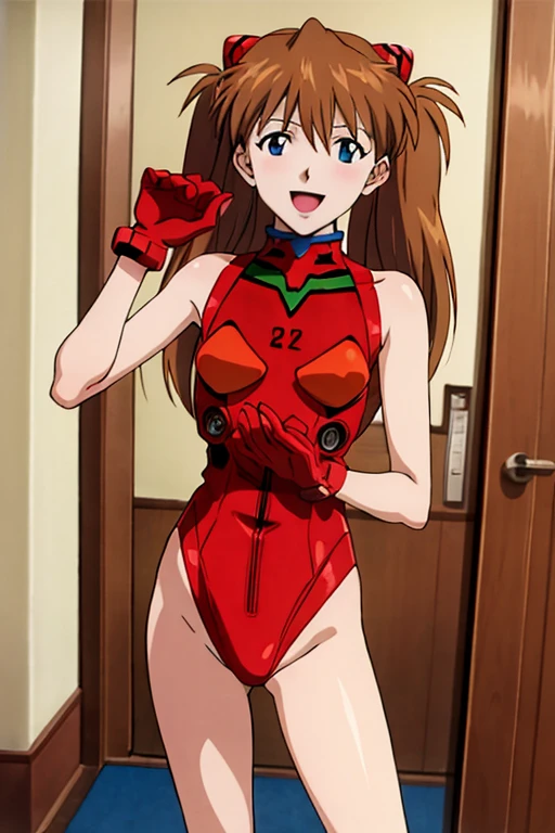 (( top quality)), ((masterpiece)), (be familiar with),  perfect face, indoor, bedroom,  viewer,
One woman,  Soryu Asuka Langley,
 open mouth,  ecstatic expression with hands in front of body, blush, smile,
 small tits,  flat chested, Young girl, Lori,  s,  girl,
 long hair,  twin tails,
Leg spread,